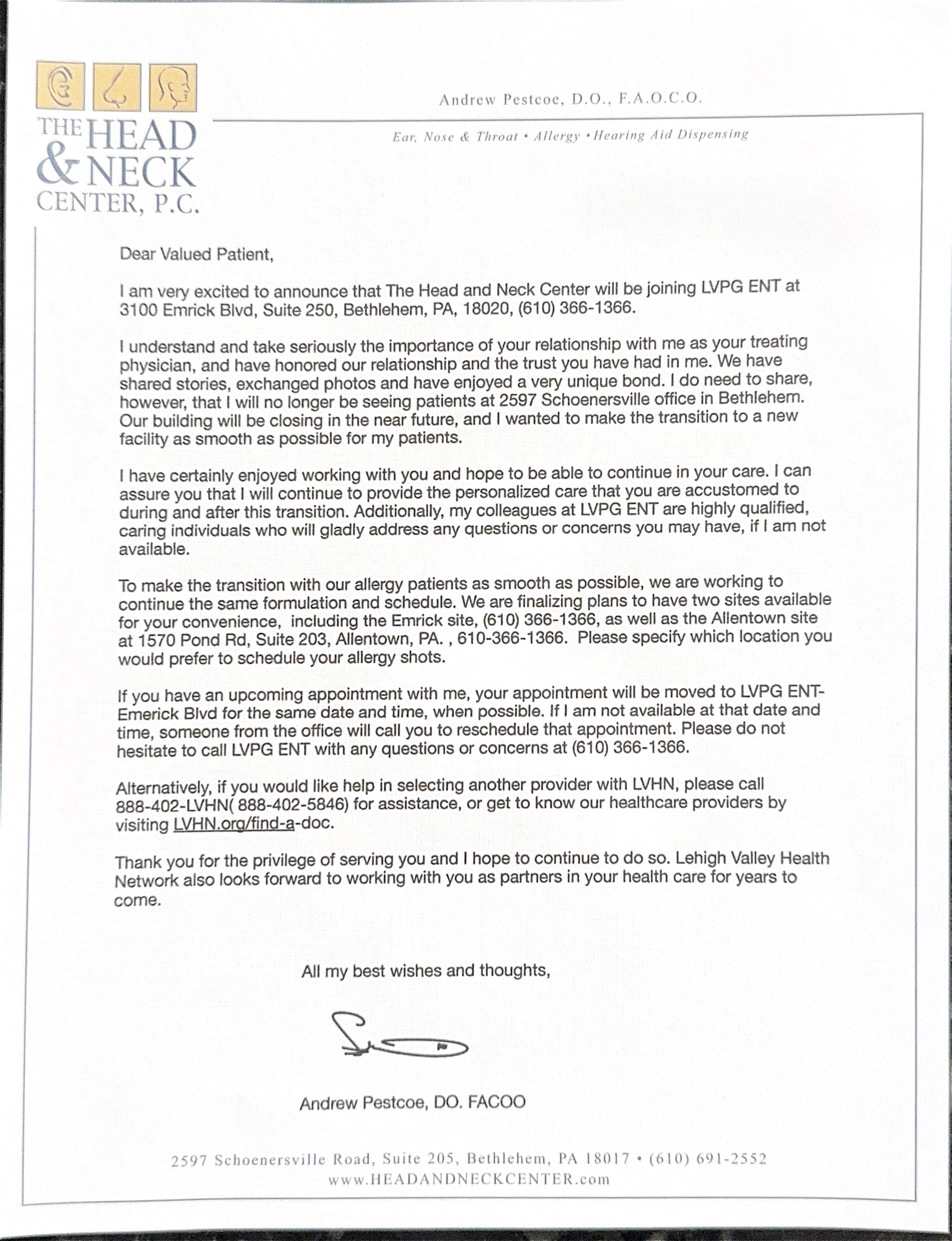 Notice from The Head & Neck Center